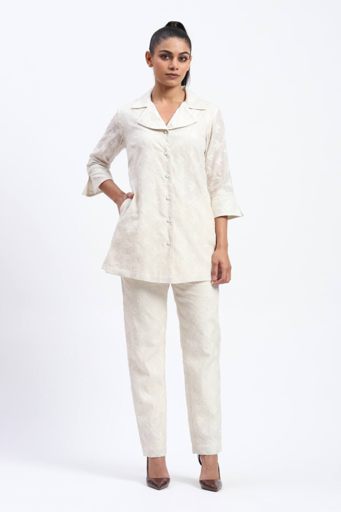 ABRAHAM AND THAKORE Bird Cutwork Chanderi Shirt 