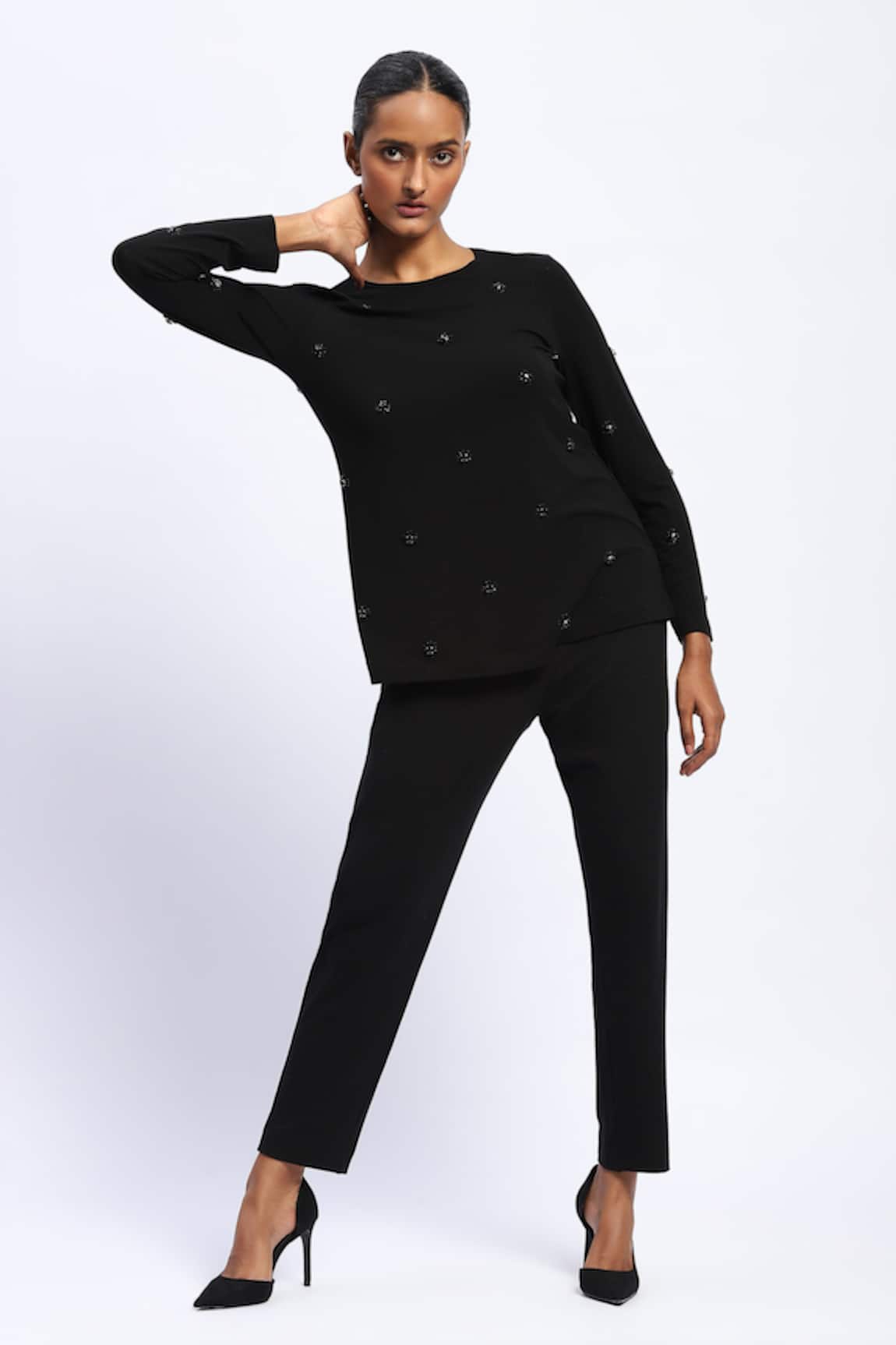 ABRAHAM AND THAKORE Stone Embellished Black Top 
