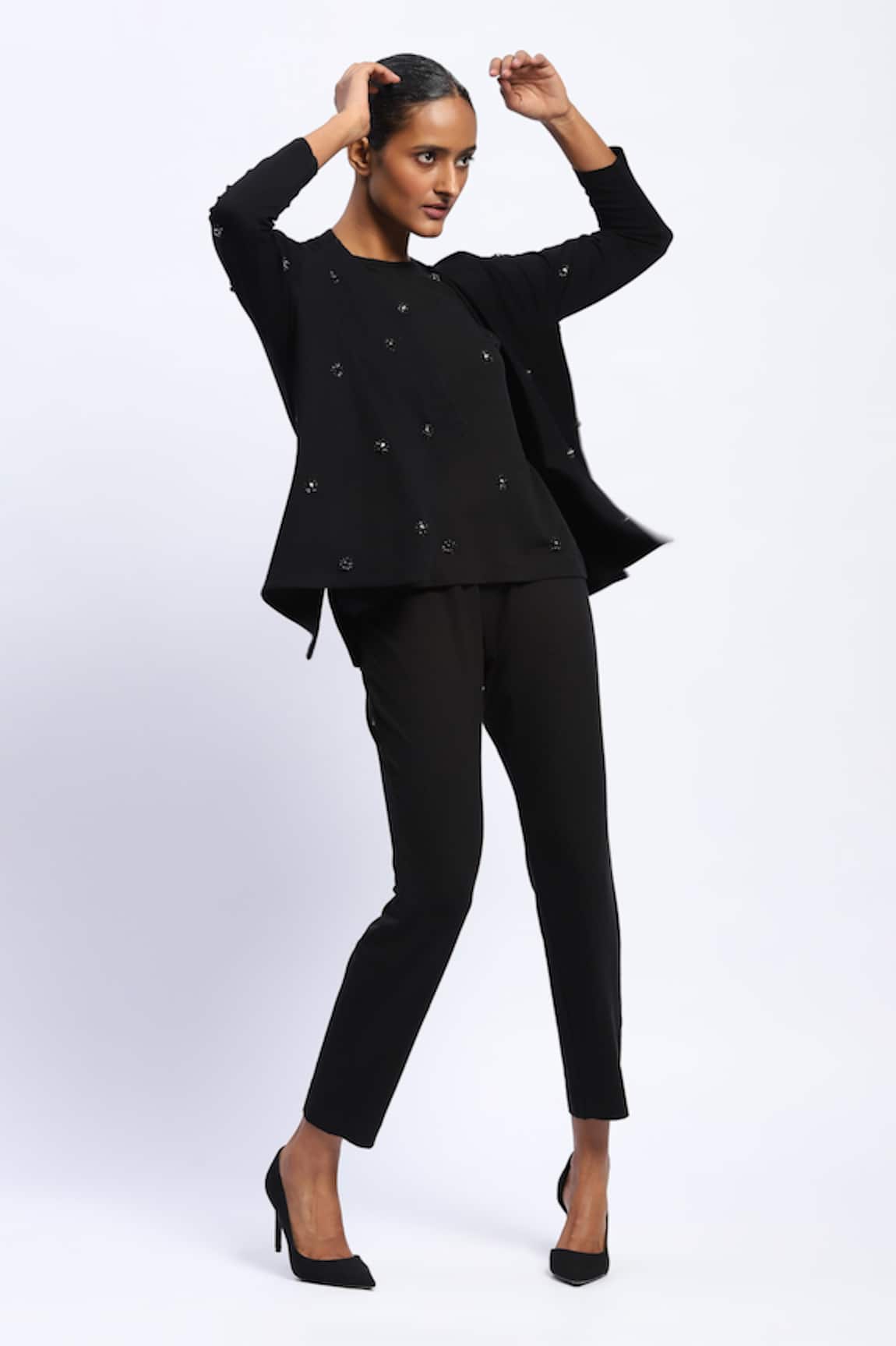 ABRAHAM AND THAKORE Stone Embellished Black Shrug 
