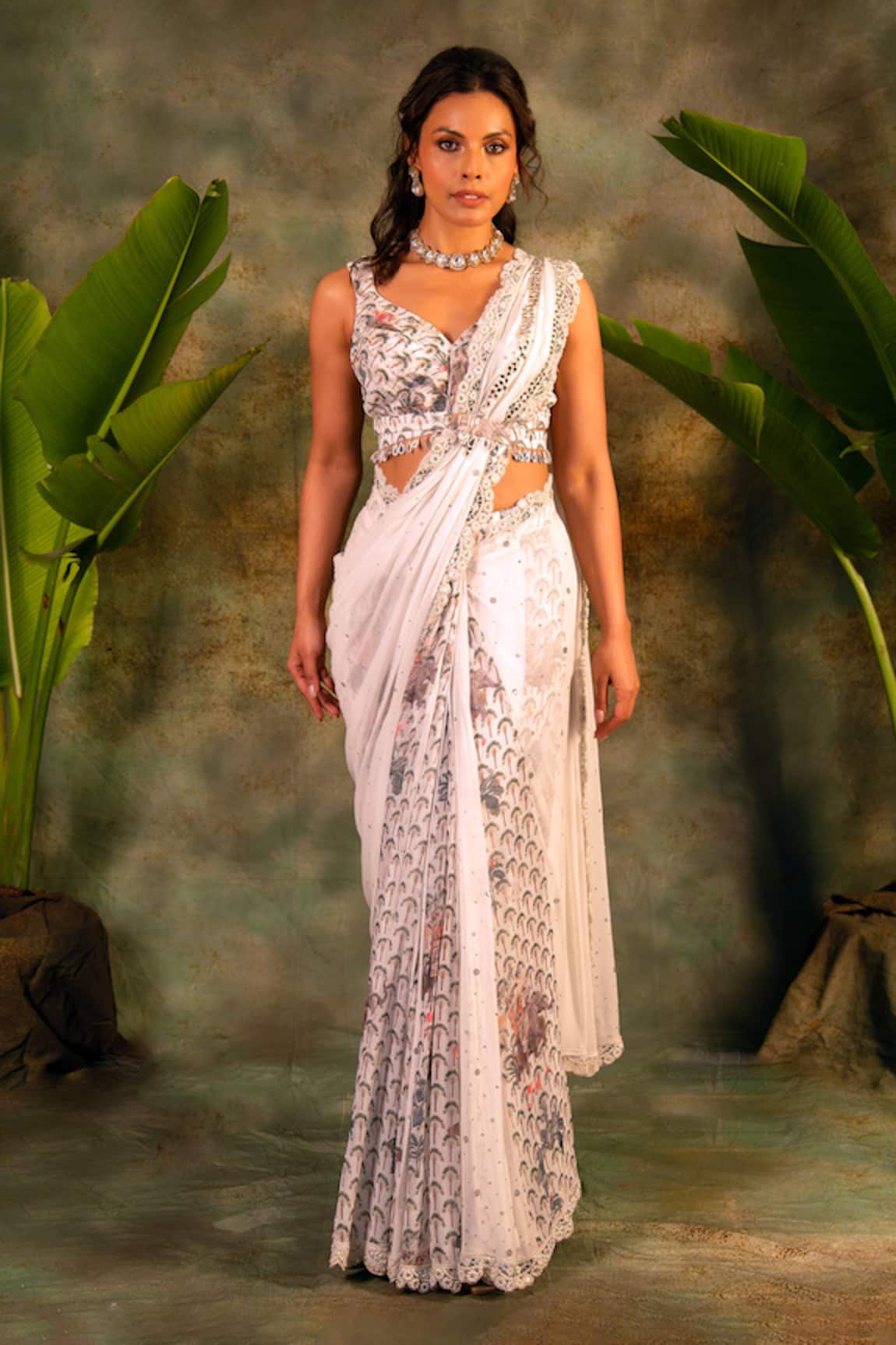 Archana Kochhar Ivory Designer Georgette Saree Set 