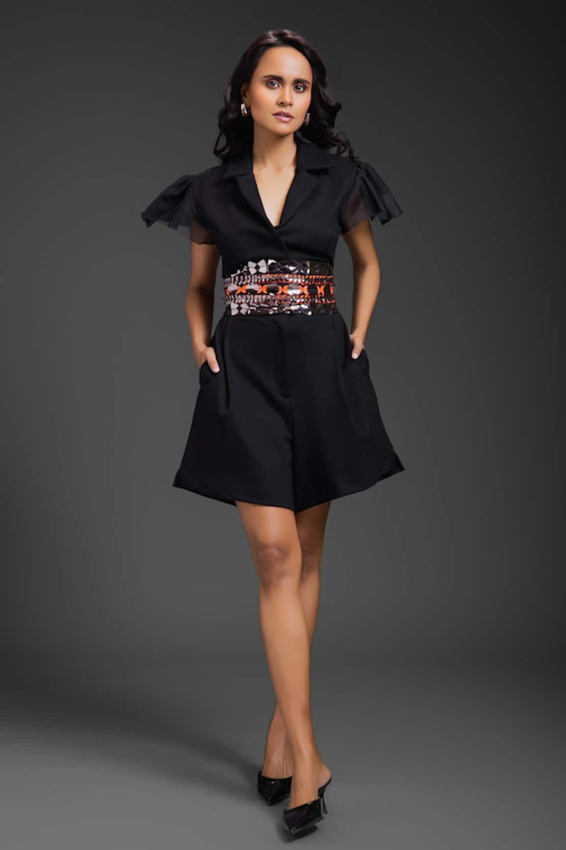 Deepika Arora Black Ponte Roma Playsuit With Belt 