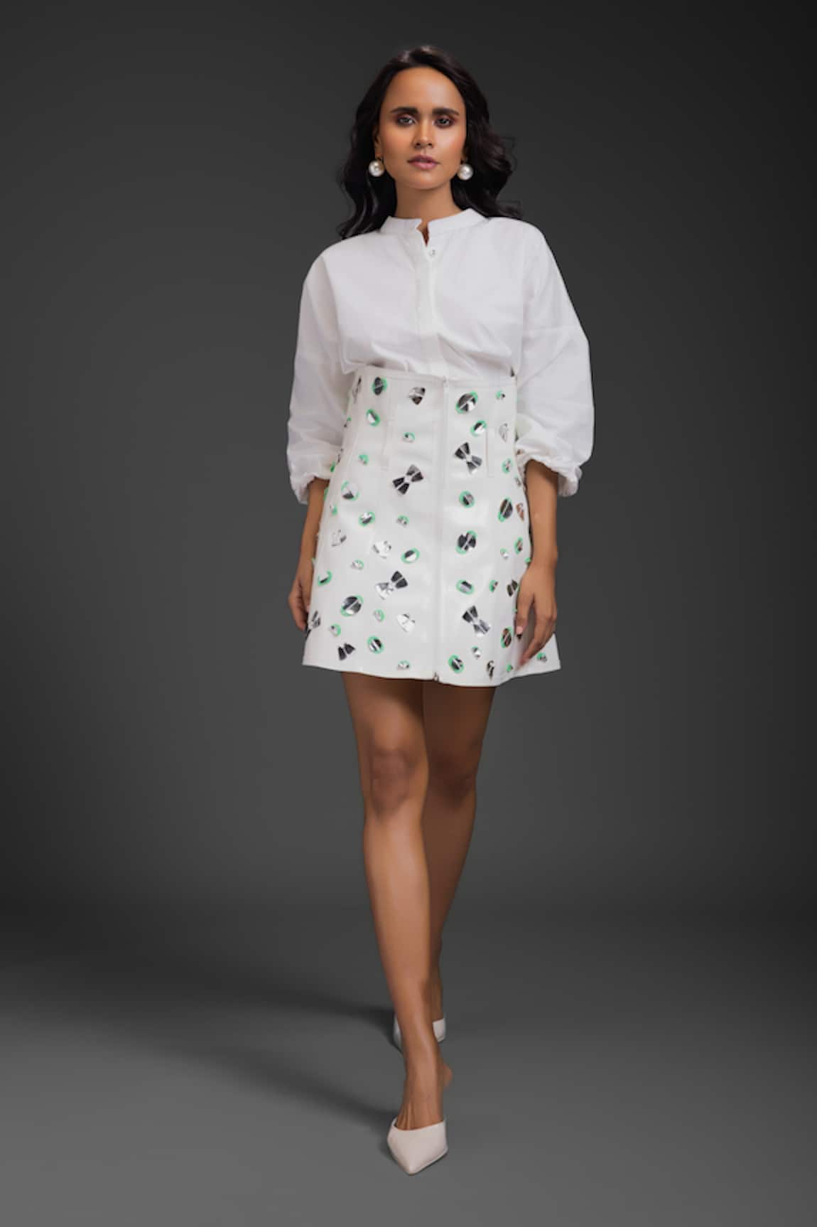 Deepika Arora White Vegan Leather Shirt & Skirt Set 