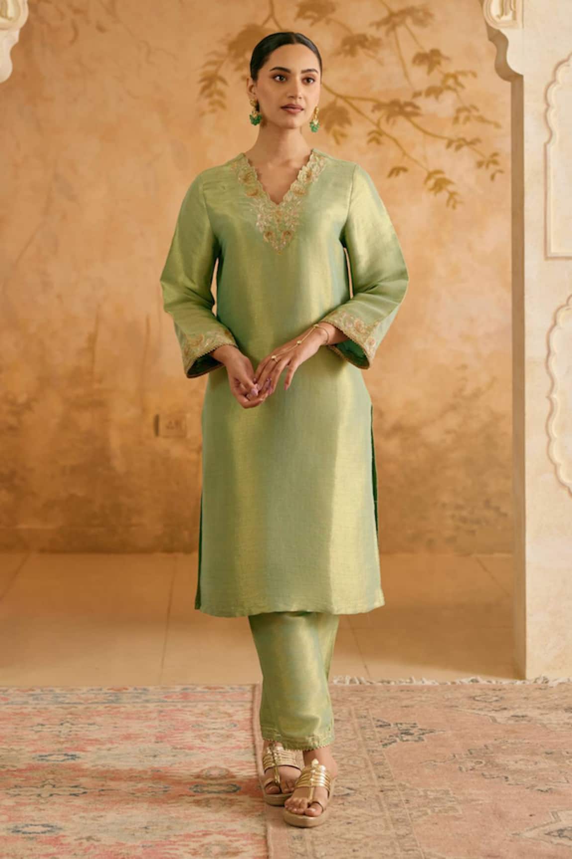 Nero India Green Chevron Tissue Kurta Set 