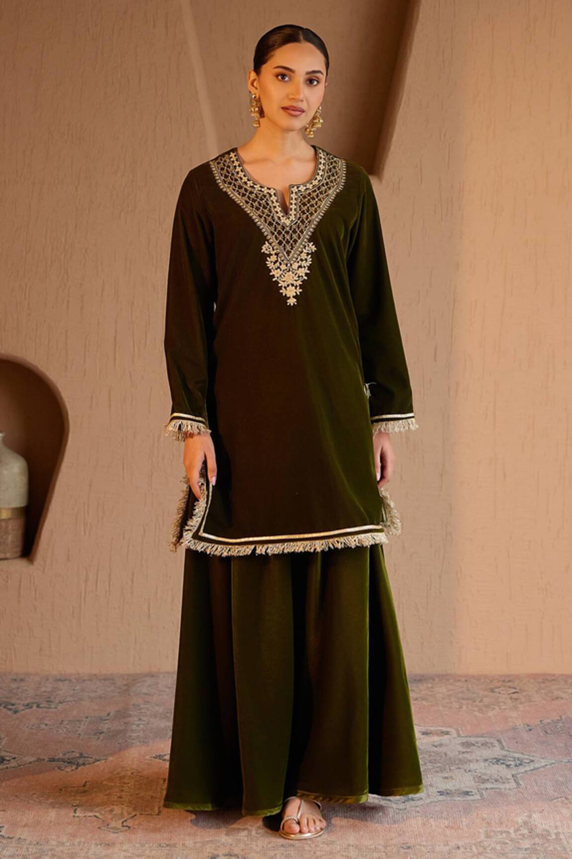 Nero India Embroidered Olive Velvet Kurta & Sharara Set 
