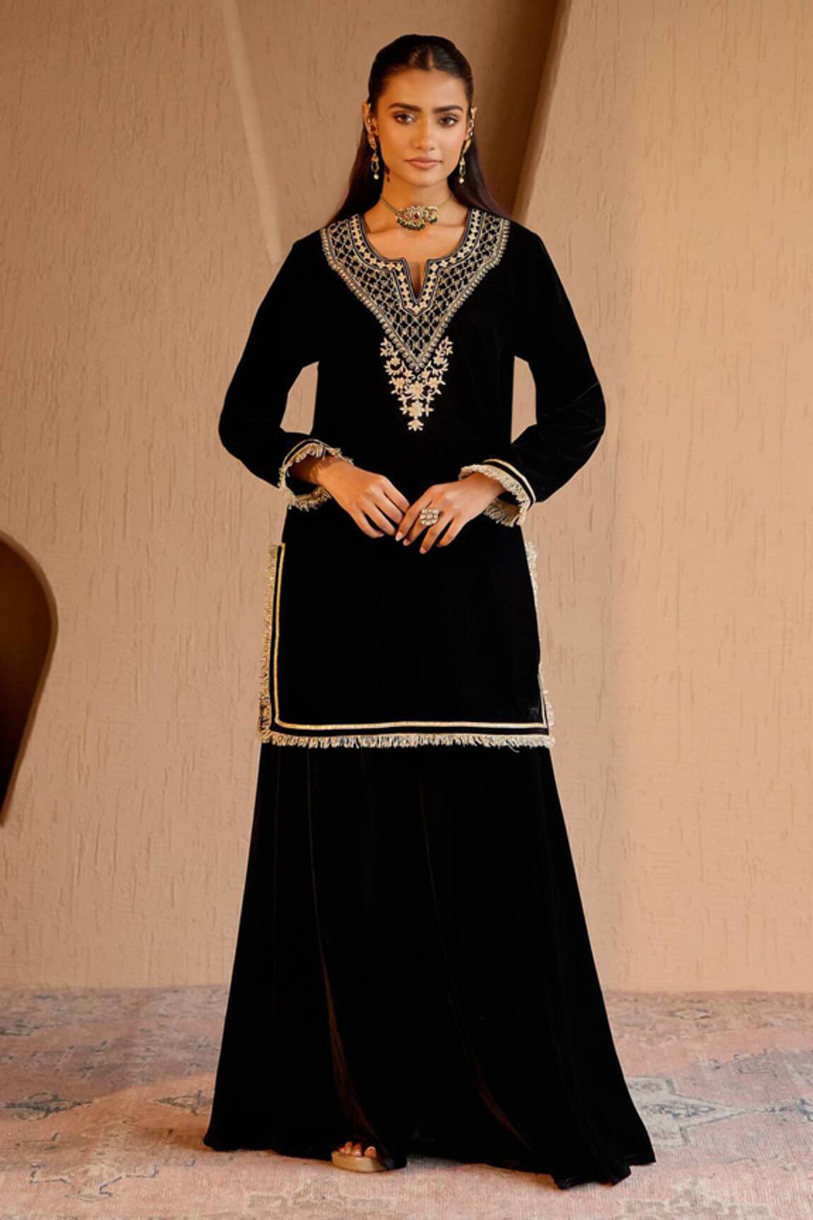 Nero India Black Velvet Kurta Sharara Set 