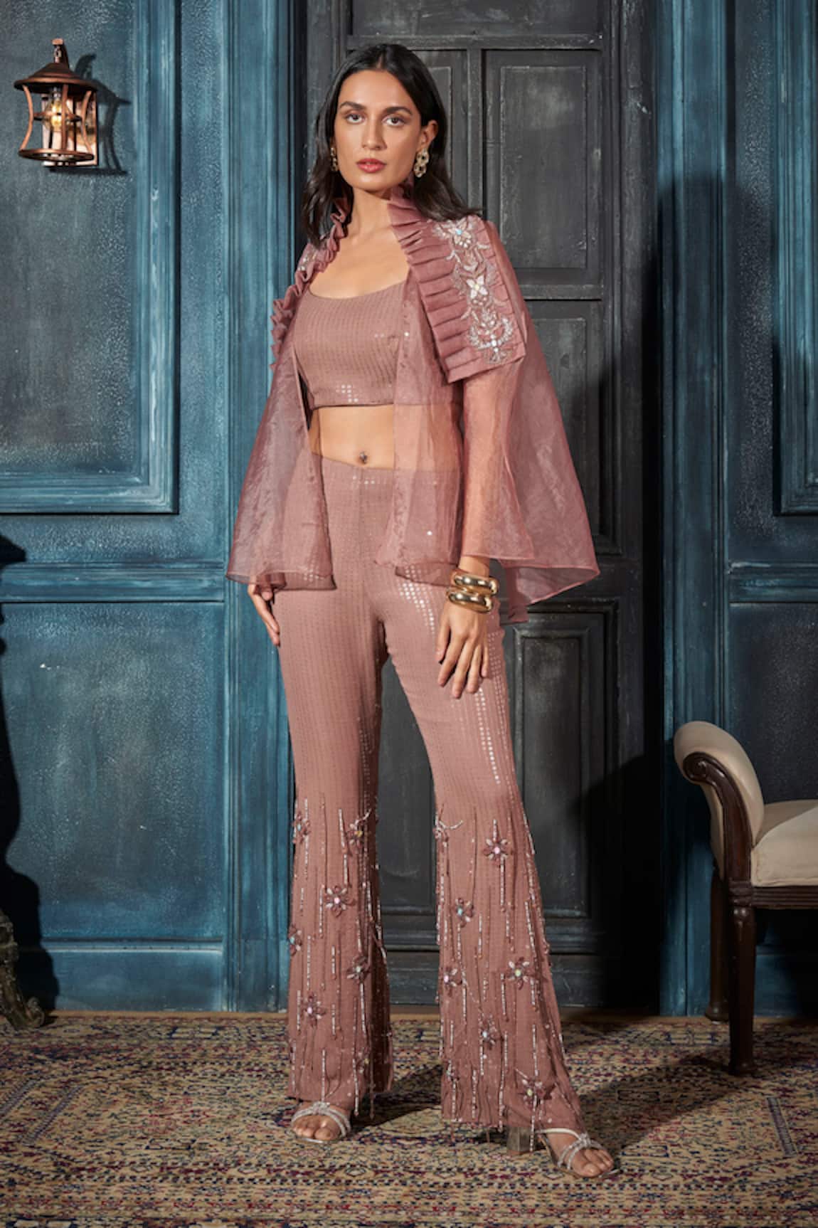 Rimple Agrawal Rose Gold Sequin Cape & Pant Set 