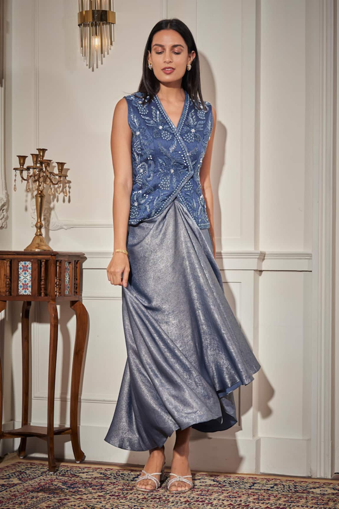 Rimple Agrawal Embroidered Blue Waistcoat & Draped Skirt Set 