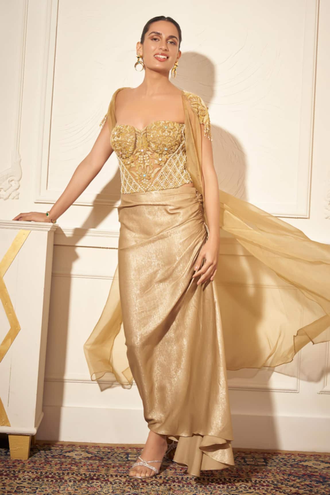 Rimple Agrawal Gold Foil Crepe Corset & Draped Skirt Set 