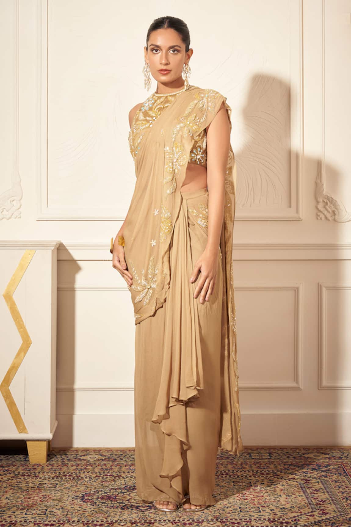 Rimple Agrawal Gold Georgette Pre-Draped Saree Set 