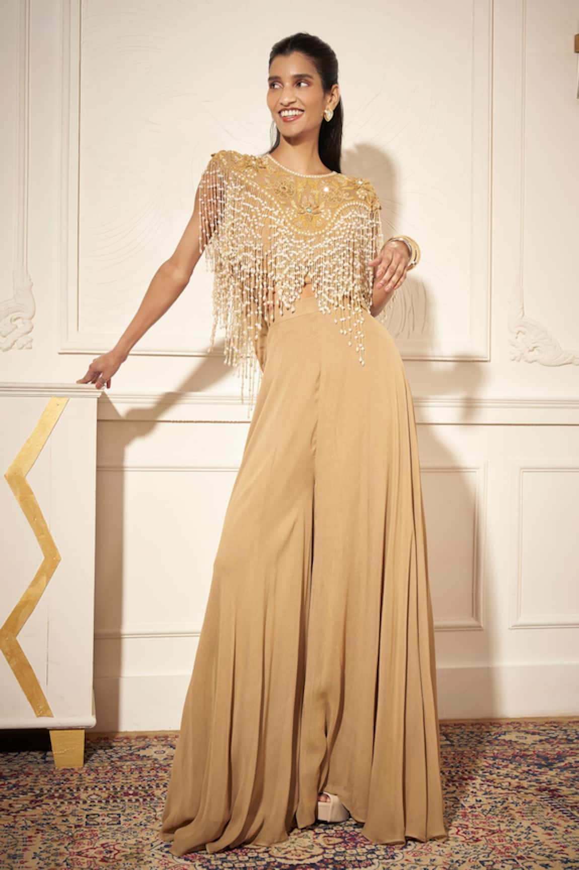 Rimple Agrawal Gold Georgette Designer Pant Set 