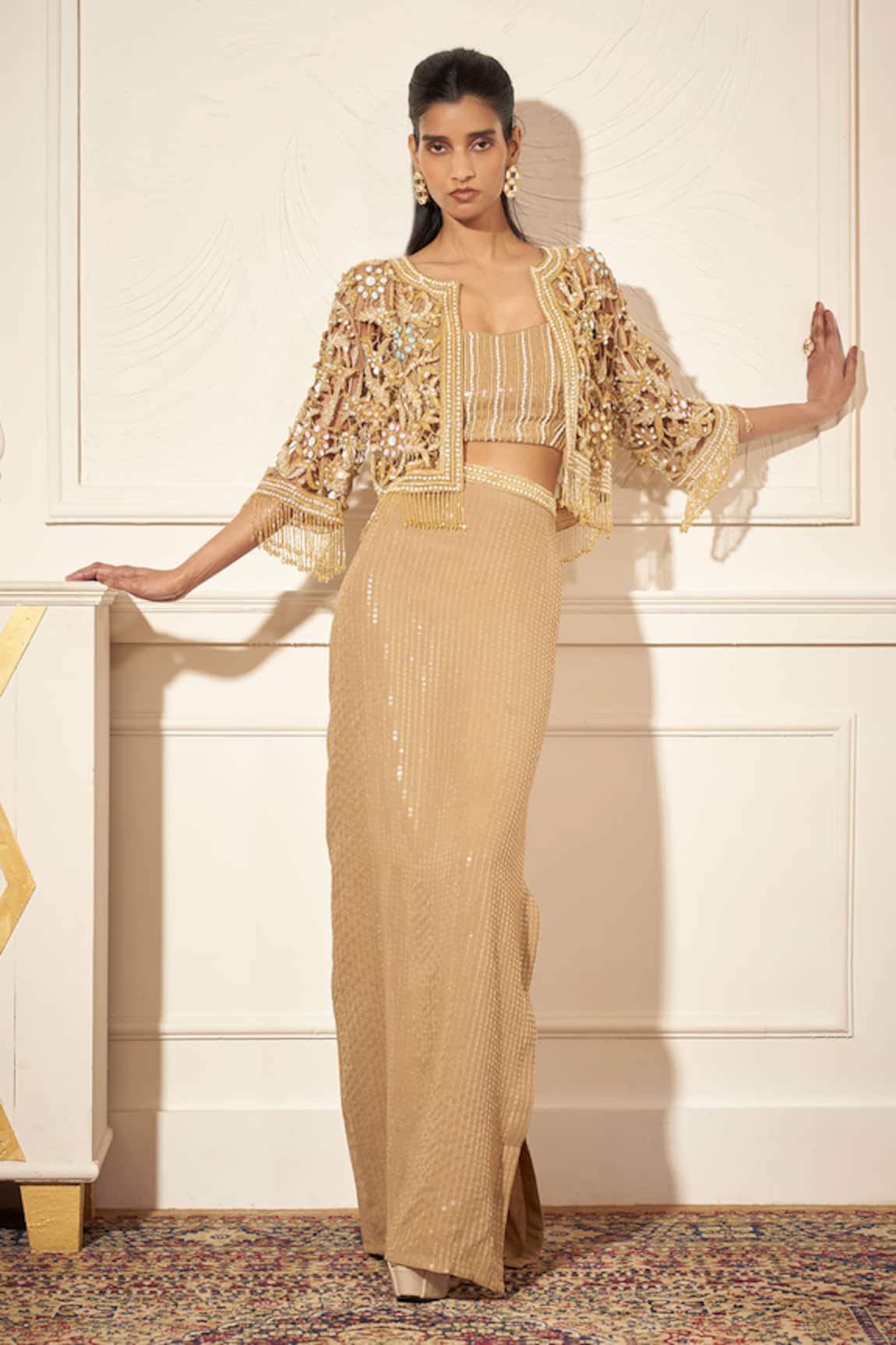 Rimple Agrawal Gold Sequin Cape Set  