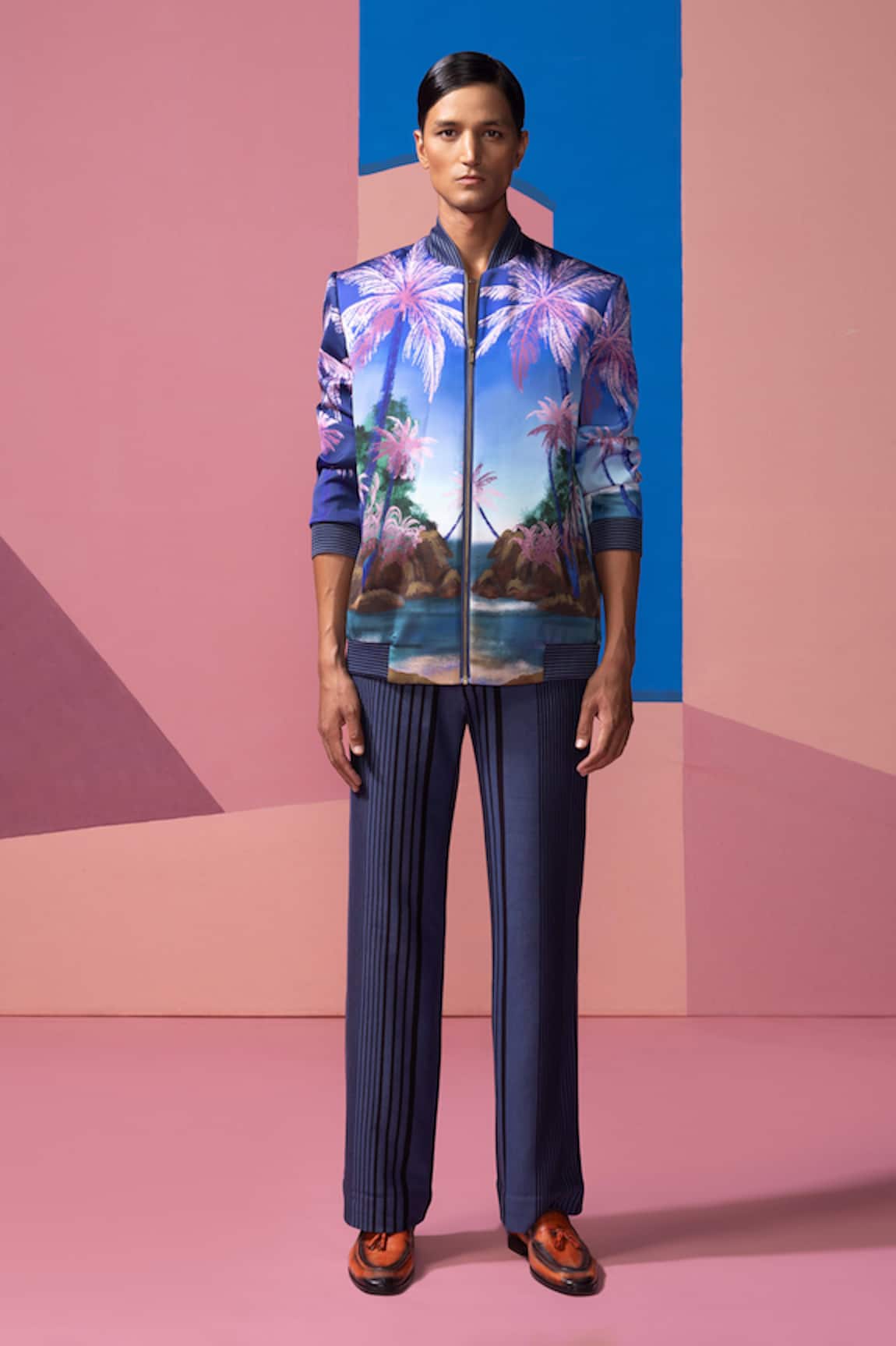 Nautanky Royal Blue Satin Bomber Jacket & Pant Set 