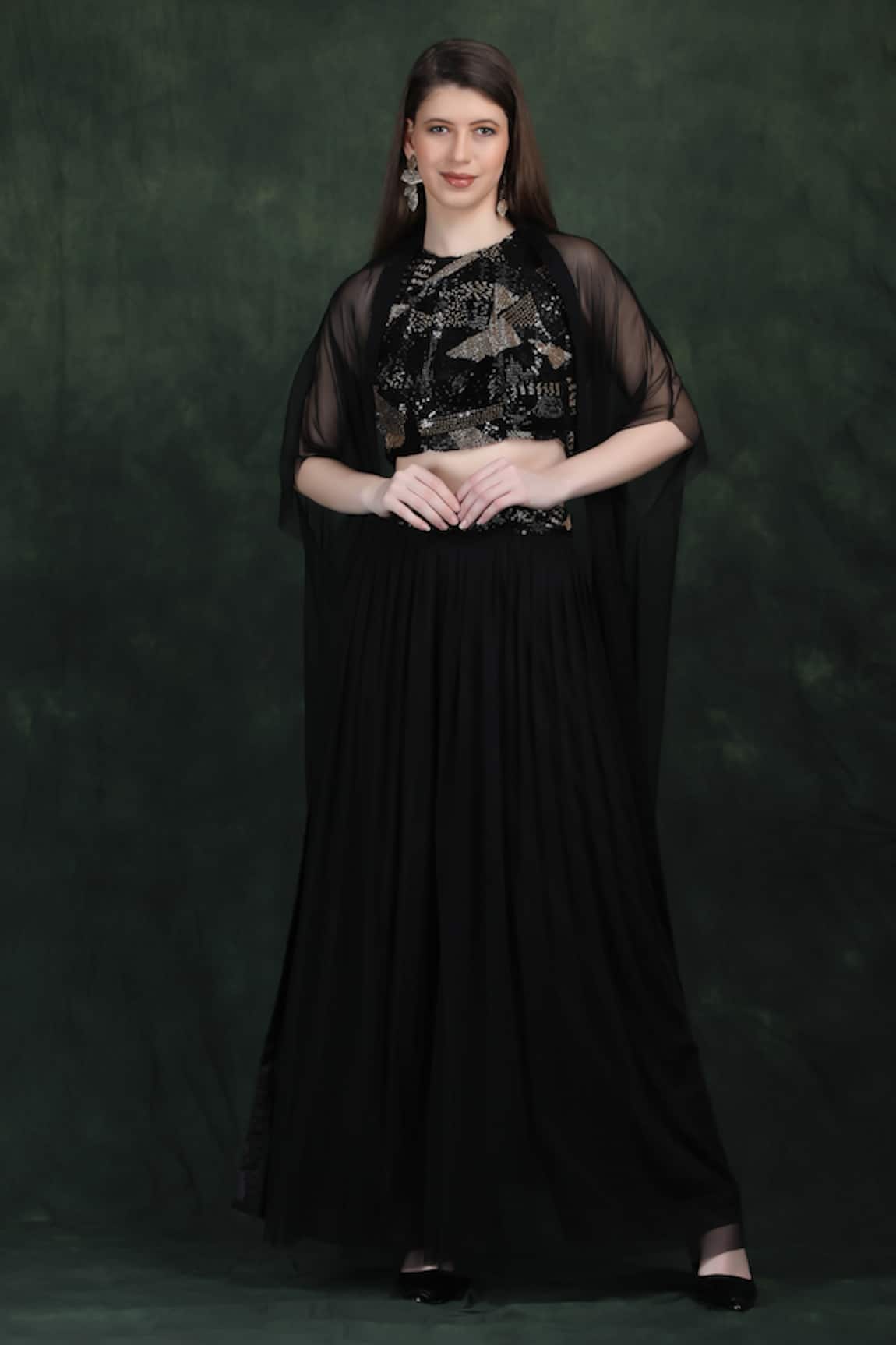 LABEL IVISH Black Hand Embroidered Cape Set 