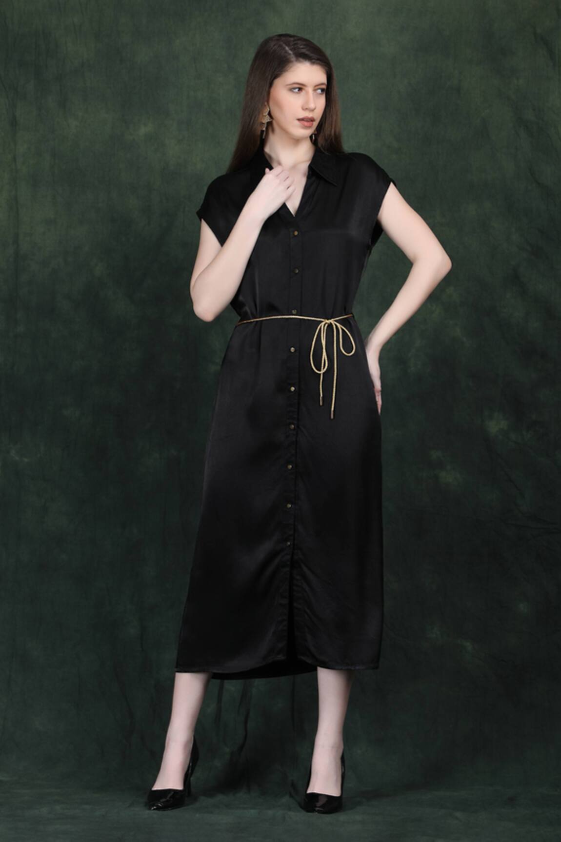 LABEL IVISH Black Satin Midi Dress With Golden Belt 