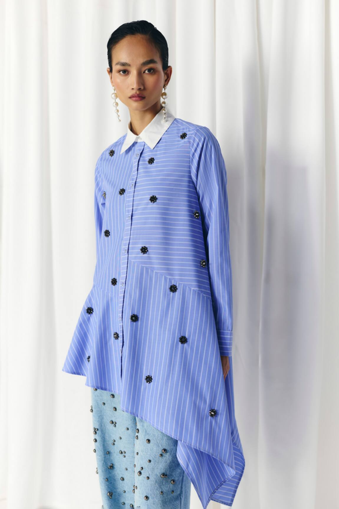 Mellowdrama Asymmetric Stripe Studded Shirt 