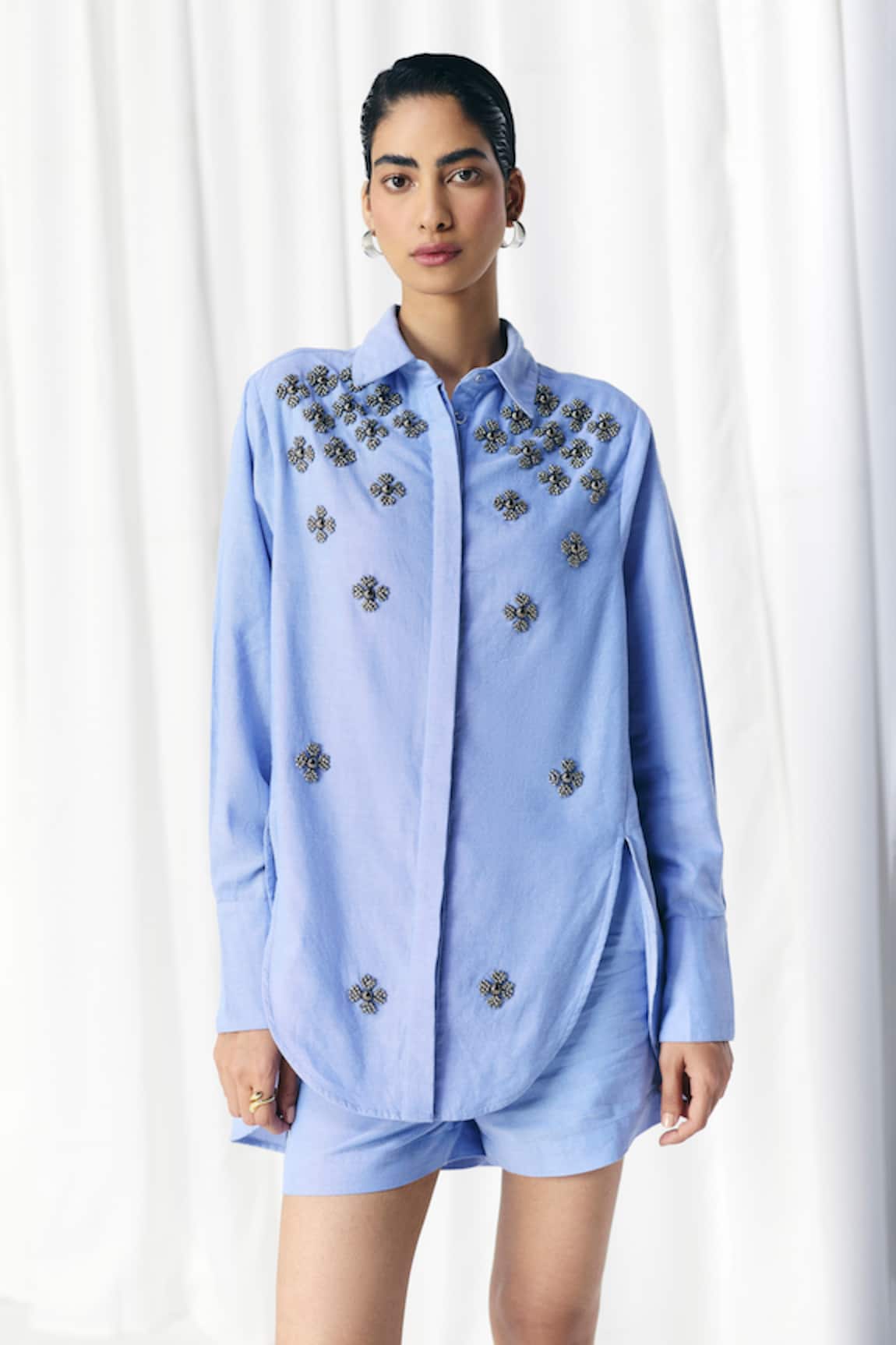 Mellowdrama Chambray Floral Embellished Shirt 