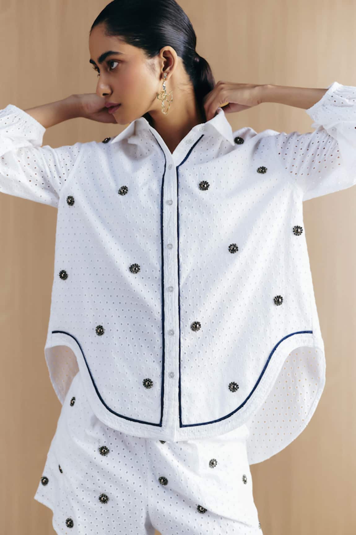 Mellowdrama Schiffli Embellished White Shirt 