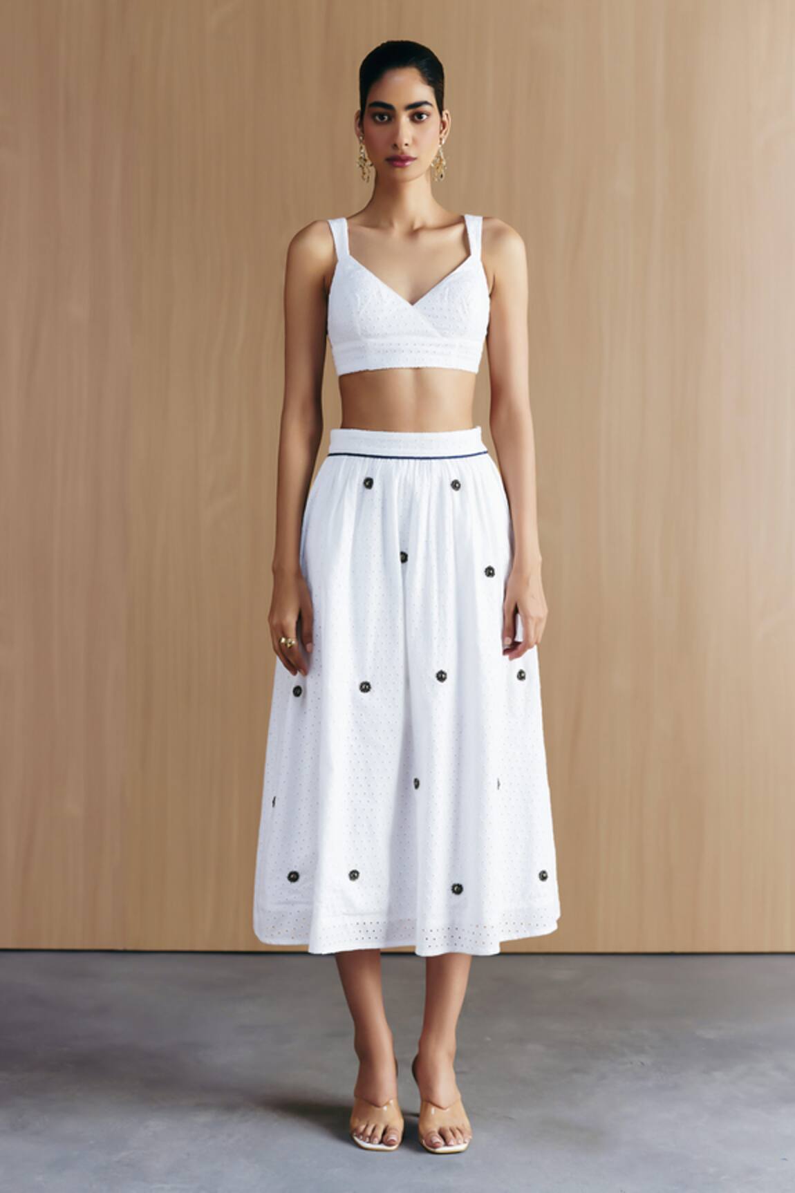 Mellowdrama White Schiffli Bralette & Skirt Set 