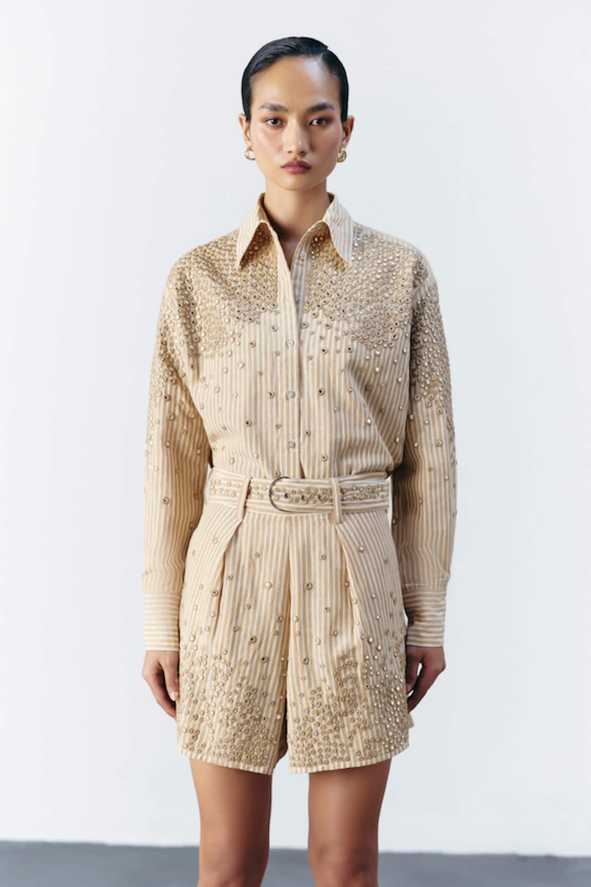 Mellowdrama Beige Stripe Mirror Embellished Shirt 
