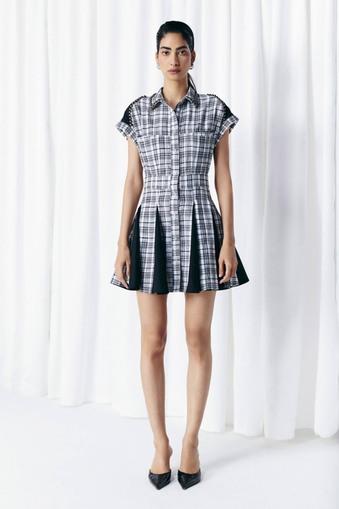 Mellowdrama Check & Solid Panel Studded Dress 