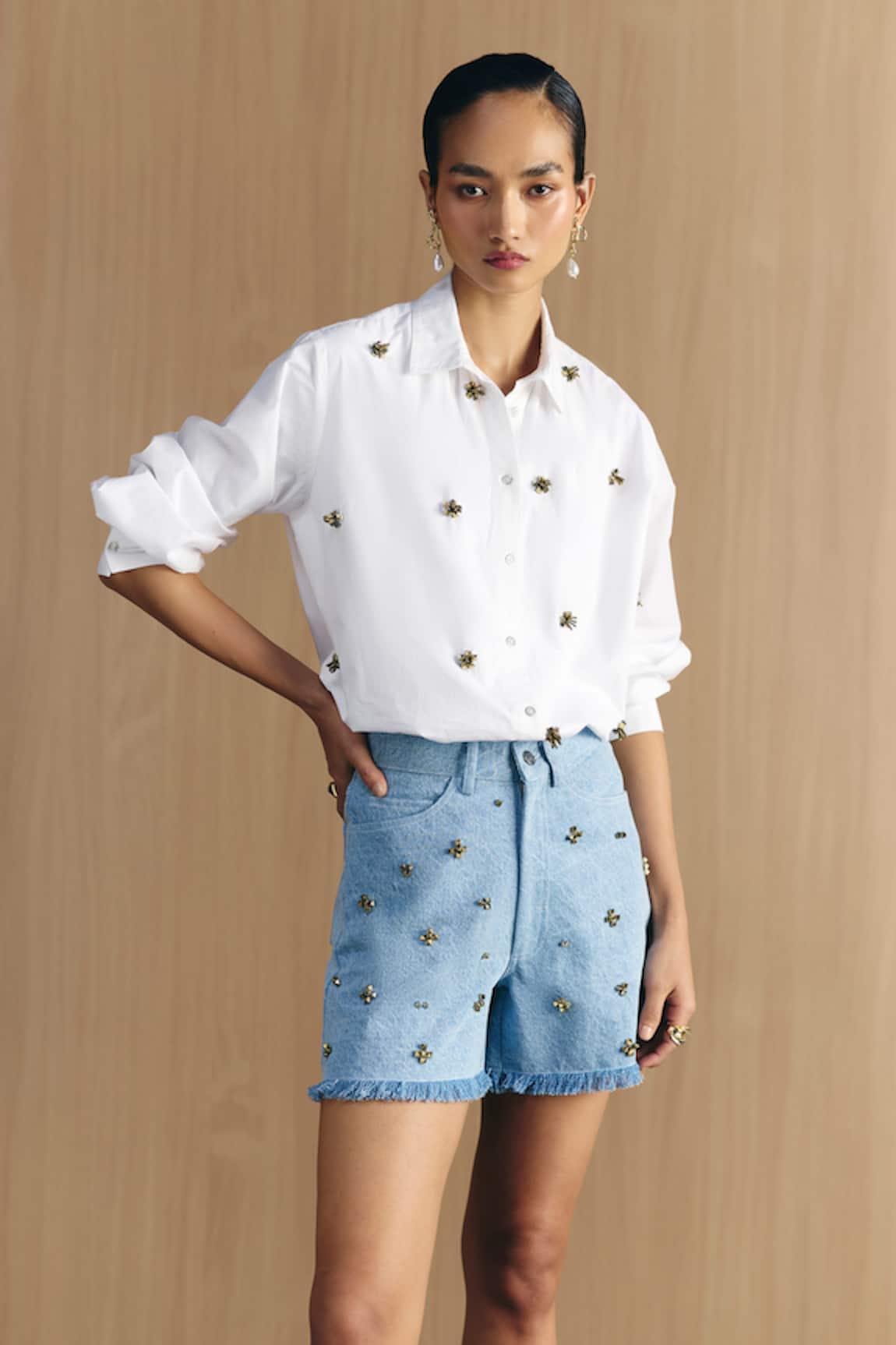 Mellowdrama Washed Denim Studded Shorts 