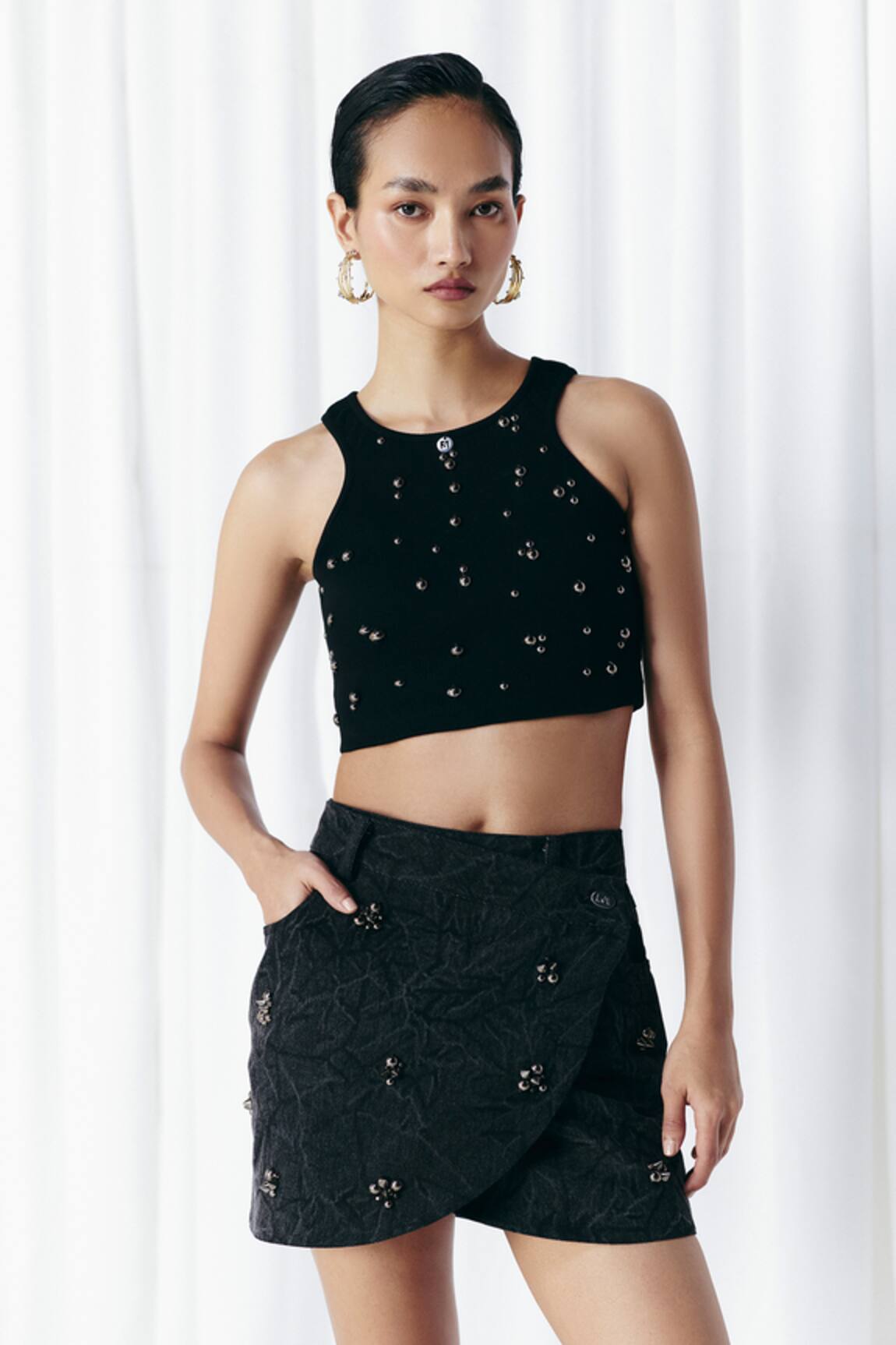 Mellowdrama Washed Denim Studded Skirt 