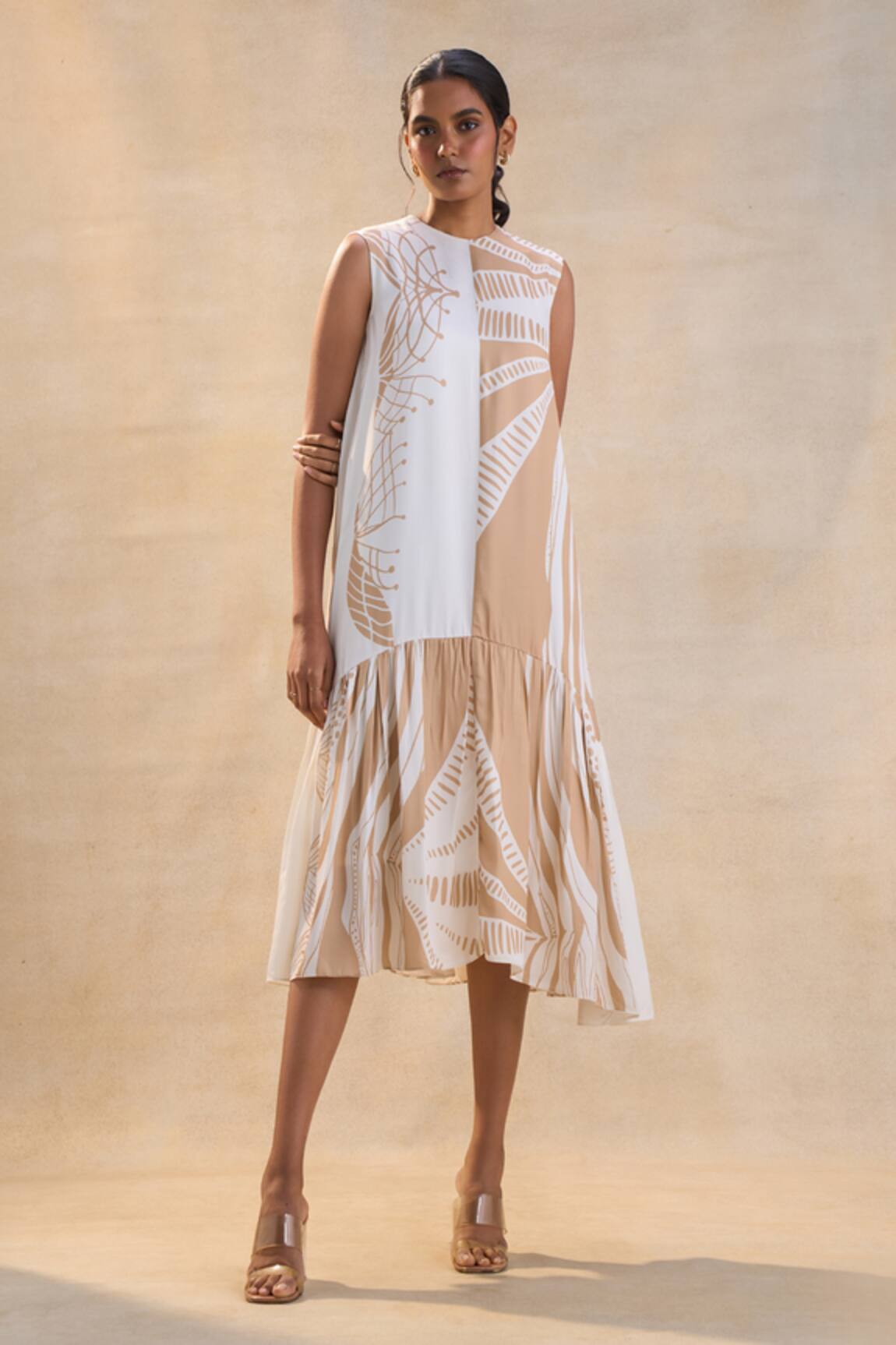 Vedika M White & Beige Jellyfish Midi Dress 