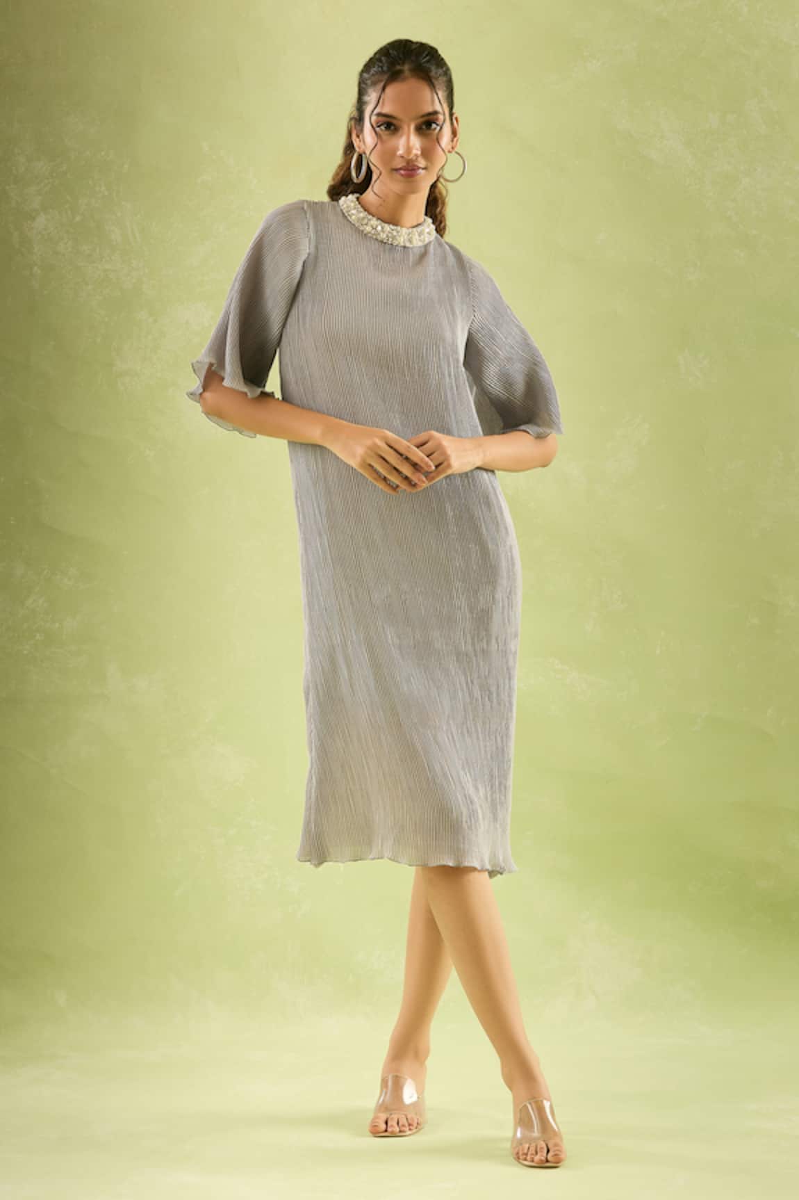 Samyukta Singhania Pearl Embroidered Flared Sleeves Midi Dress 