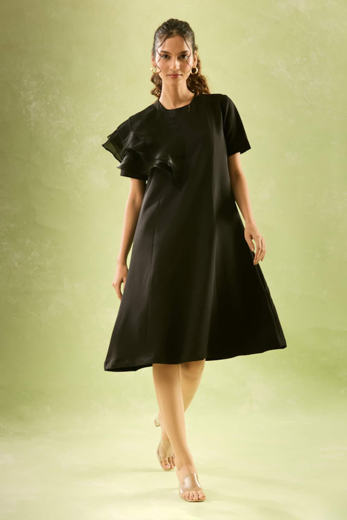 Samyukta Singhania Solid Asymmetric Ruffled Sleeve Midi Dress 