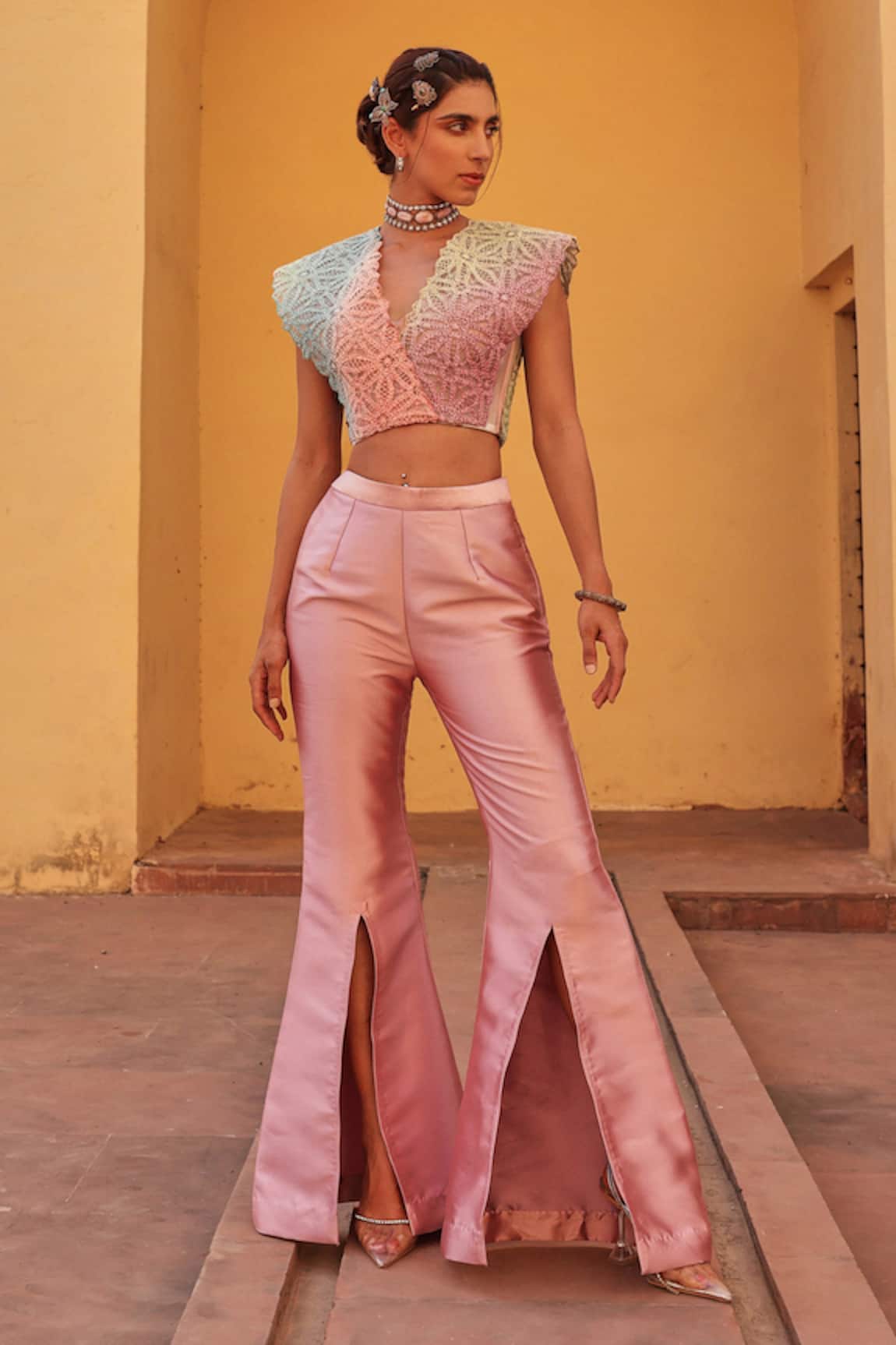 Label Moni K Multi Color Knitted Top & Dual Tone Pant Set 