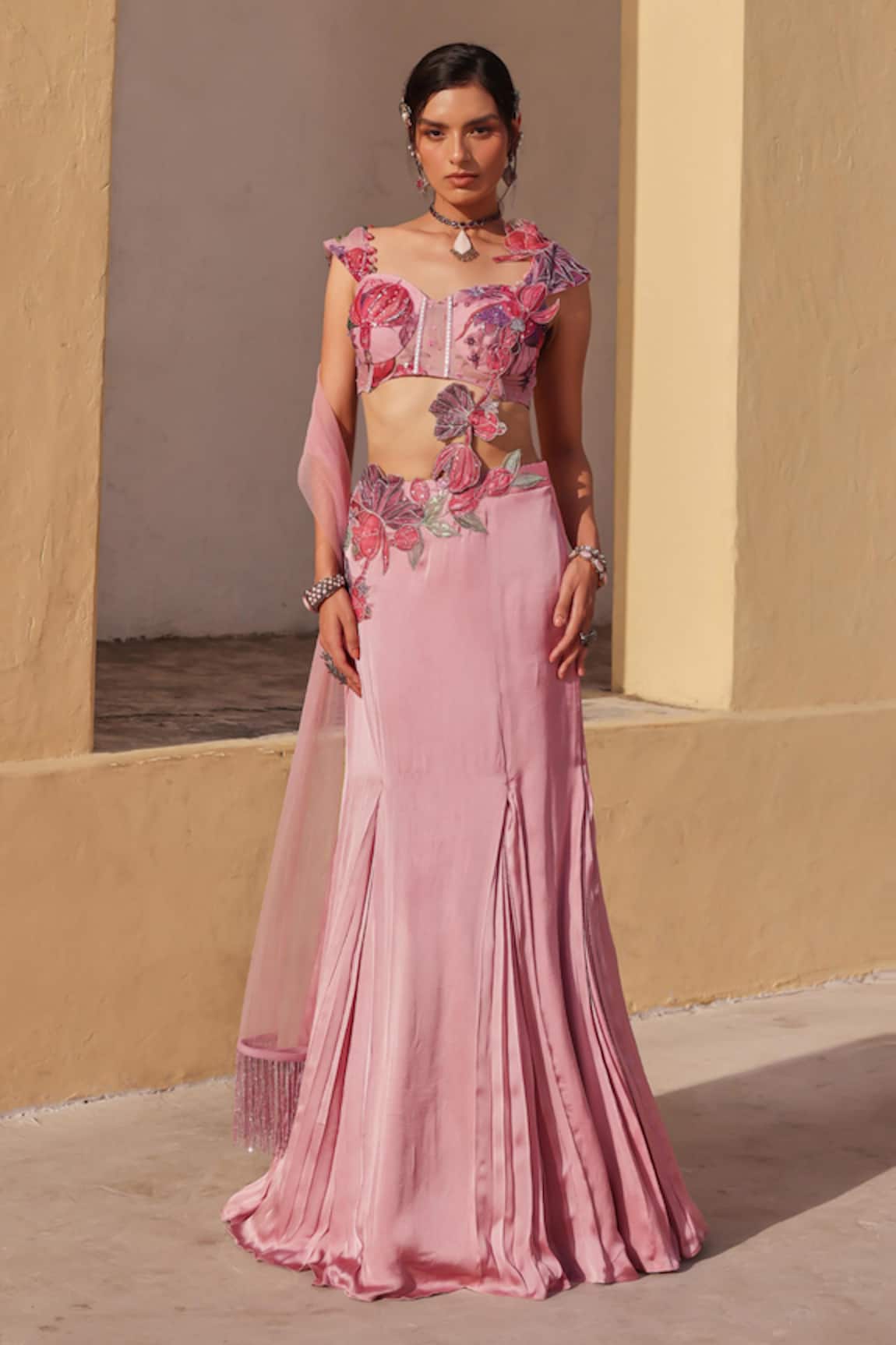 Label Moni K Lavender Embroidered Fusion Lehenga Set 