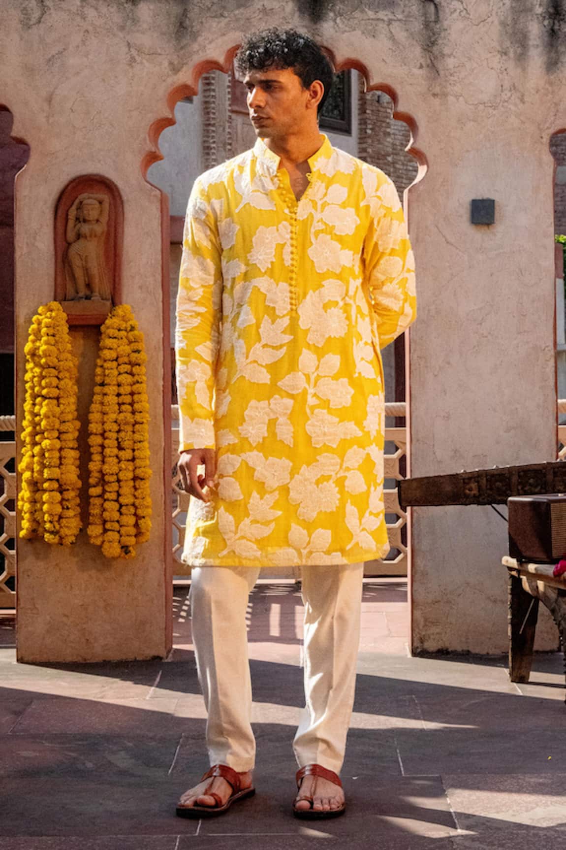 NAFS Yellow Applique Floral Kurta Set 