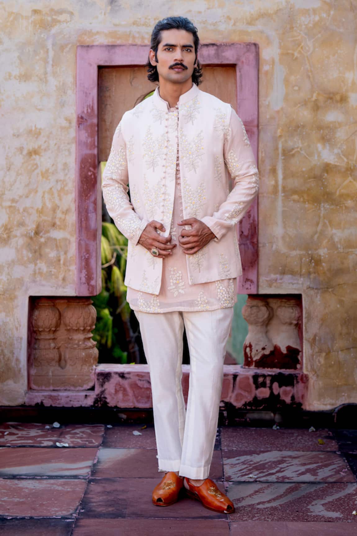 NAFS Dusty Pink Floral Chanderi Kurta Set 