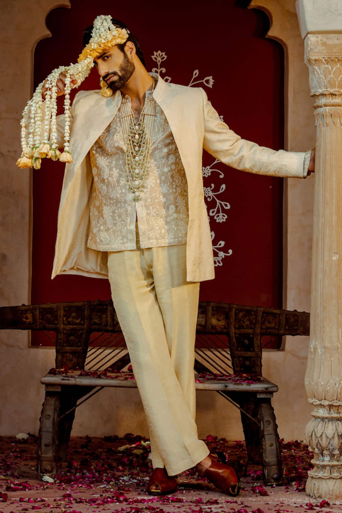 NAFS Embroidered Coffee Cream Kurta Set 