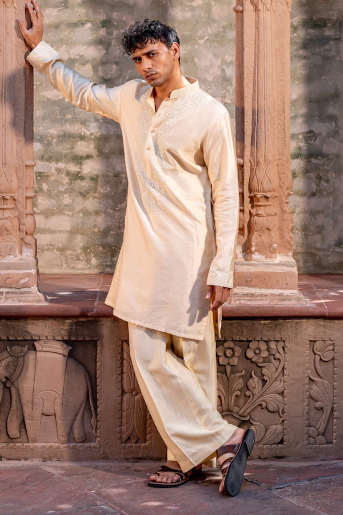 NAFS Cream Dori Work Chanderi Kurta Set 