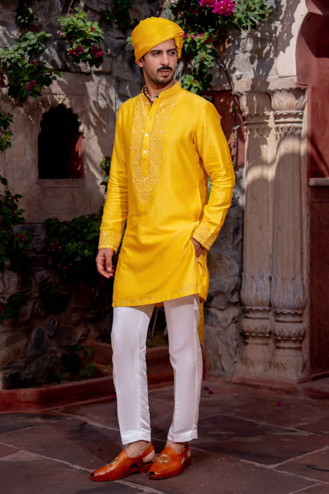 NAFS Yellow Chanderi Mirror Work Kurta Set 