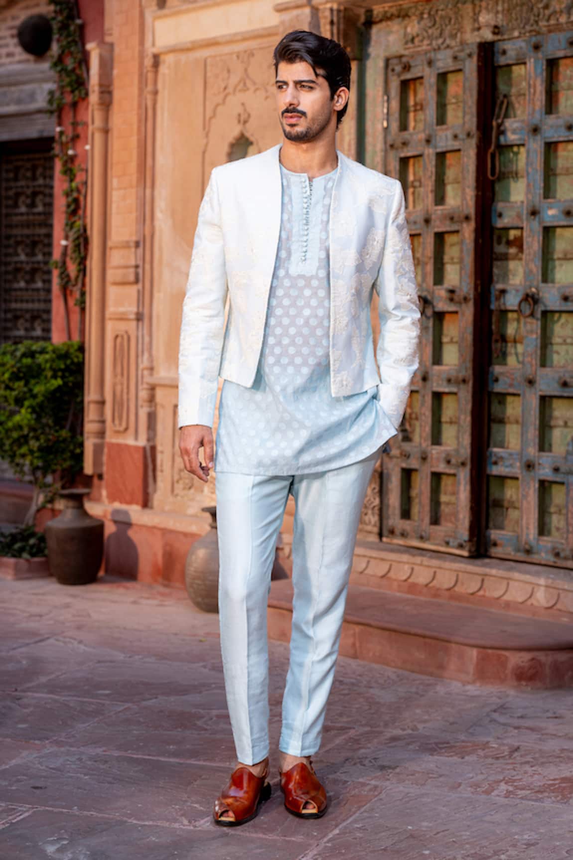NAFS Powder Blue Applique Floral Kurta Set 