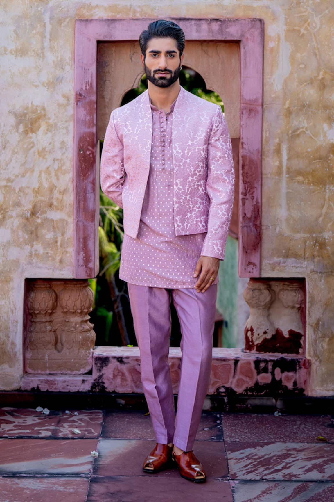 NAFS Onion Pink 3D Rose Embroidered Kurta Set 