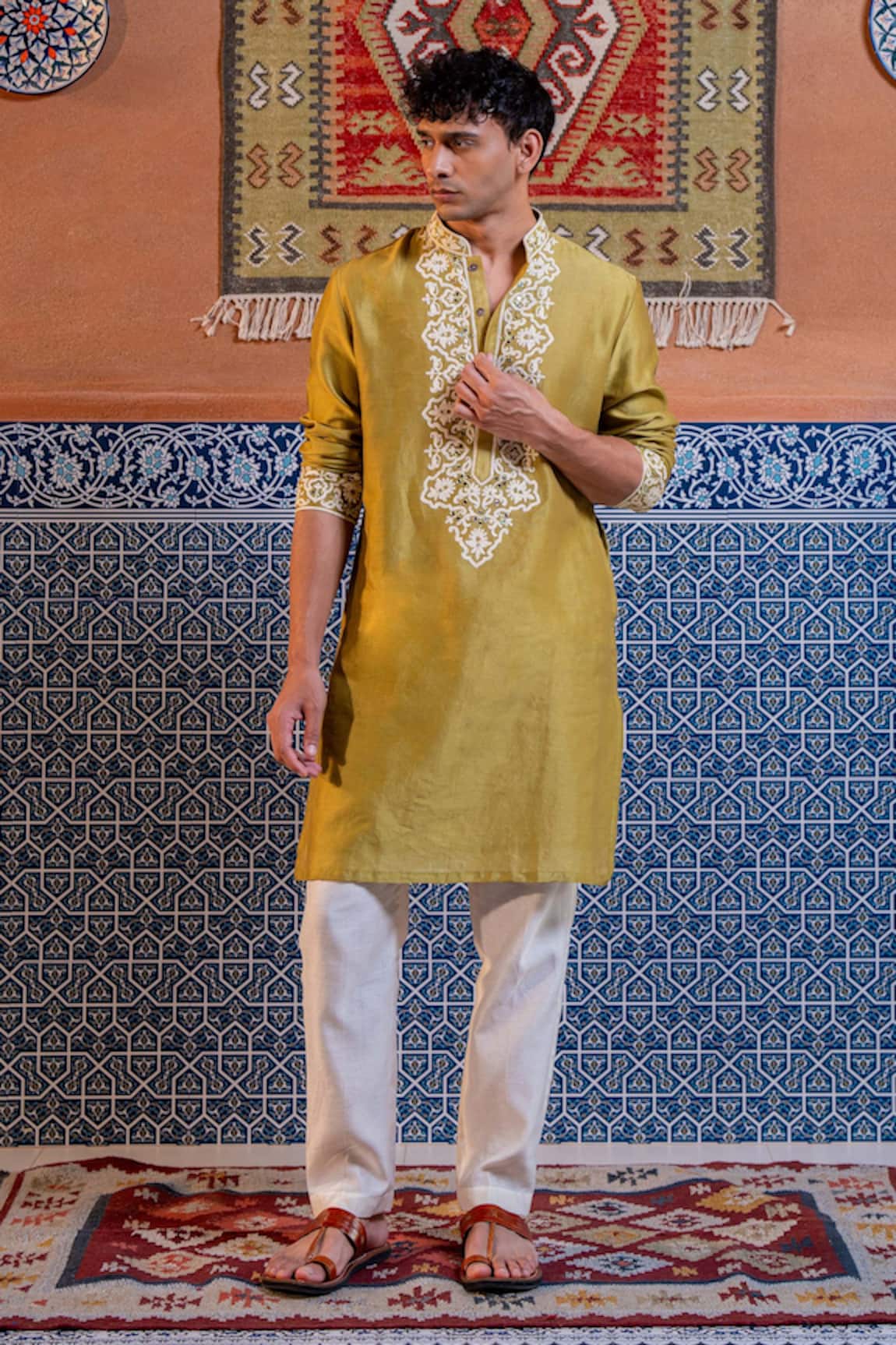 NAFS Olive Green Mirror Work Kurta Set 