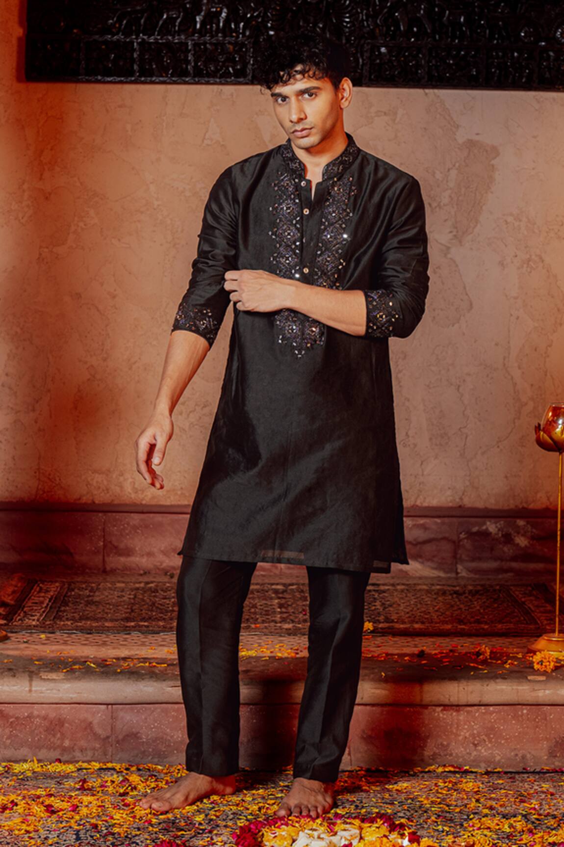 NAFS Black Mirror Work Chanderi Kurta Set 