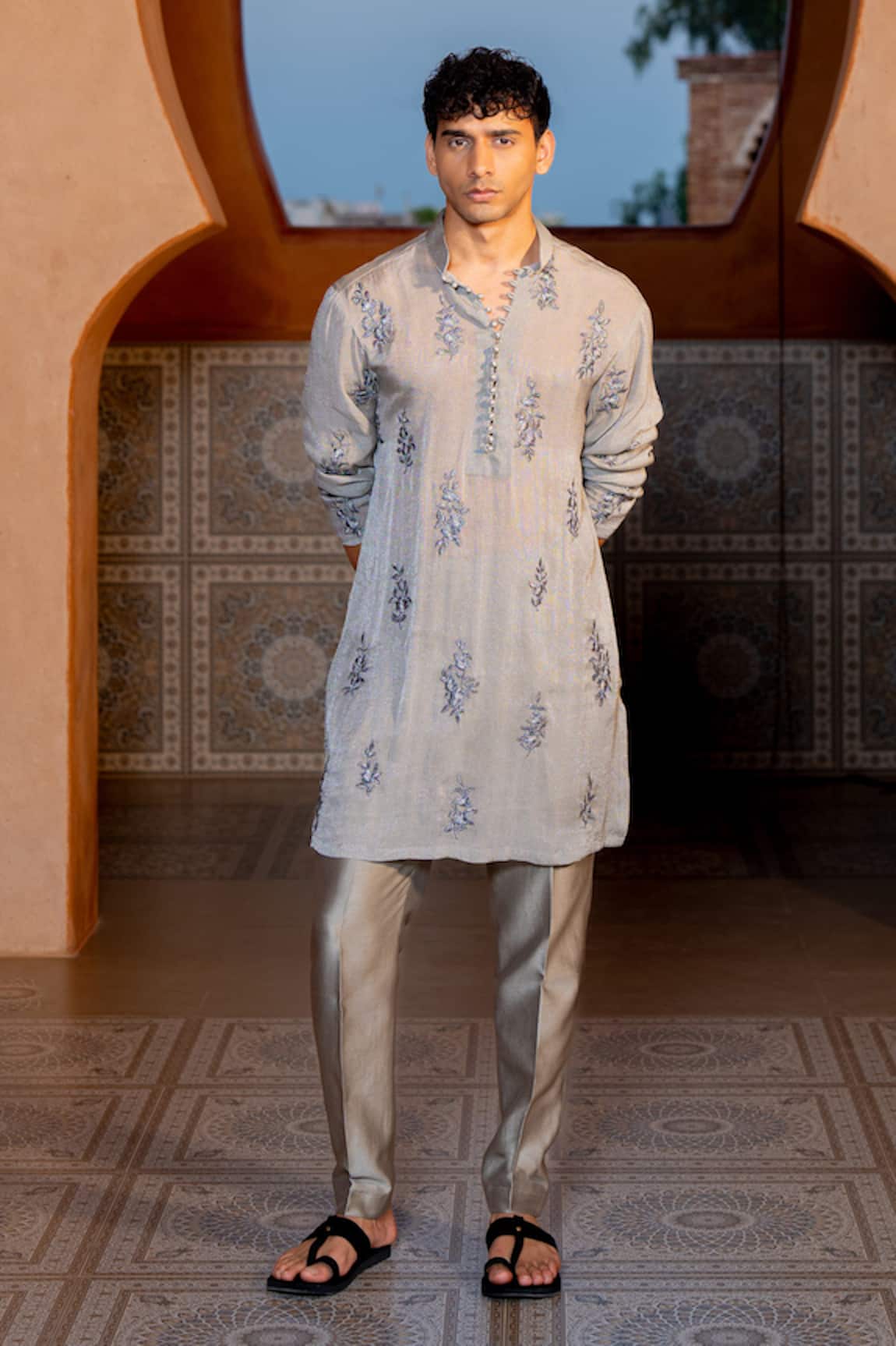 NAFS Embroidered Grey Chanderi Kurta Set 