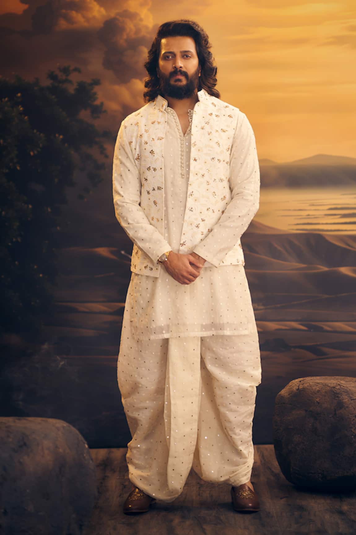 NAFS Ivory Mukaish Badla Work Nehru Jacket Set 