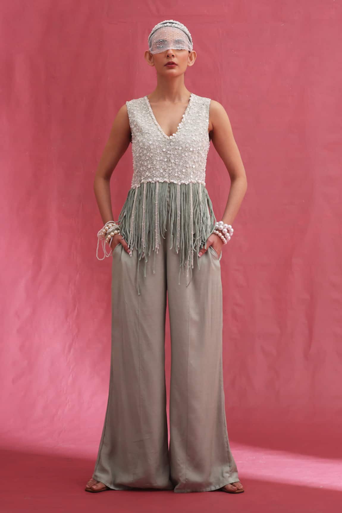 URMIL Mint Muslin Raw Silk Jacket & Pant Set 