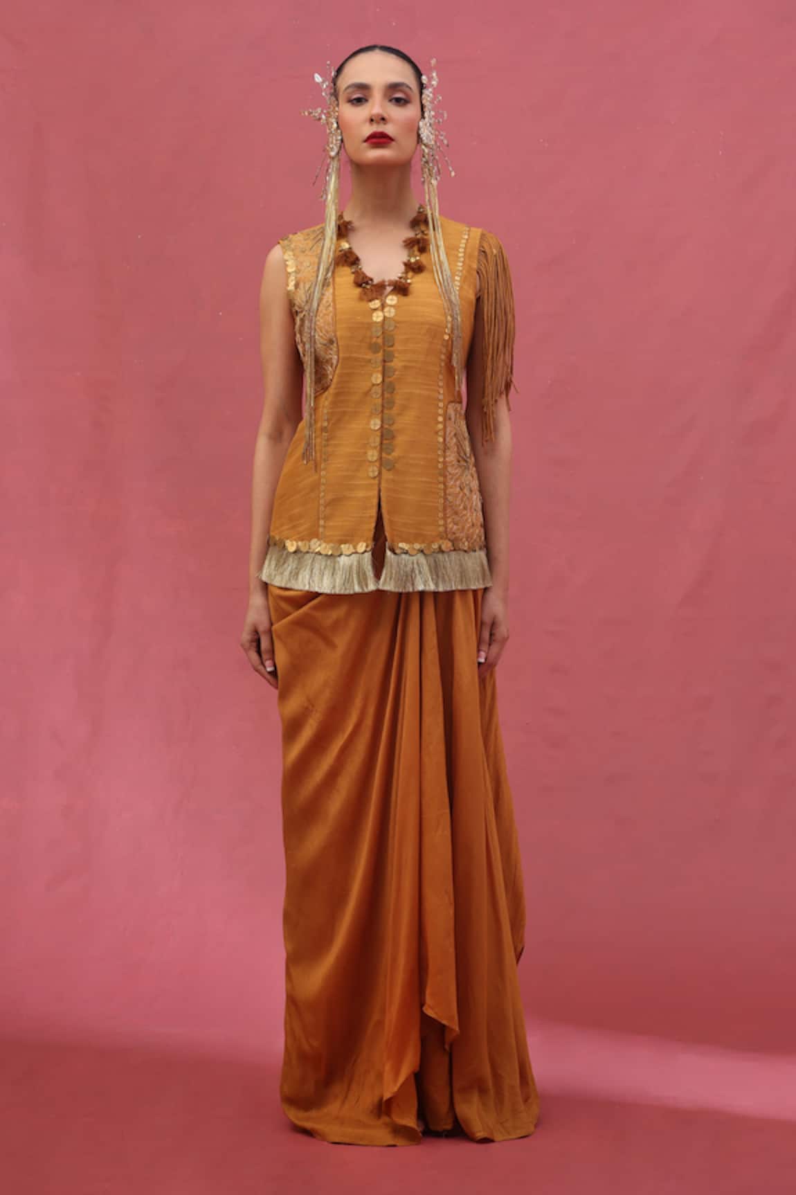 URMIL Gold Fusion Style Jacket & Skirt Set 