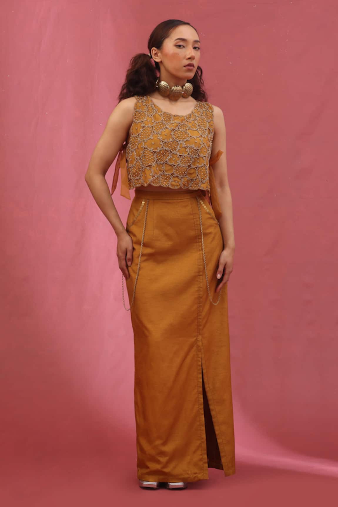 URMIL Gold Organza Jacket Bustier Skirt Set 