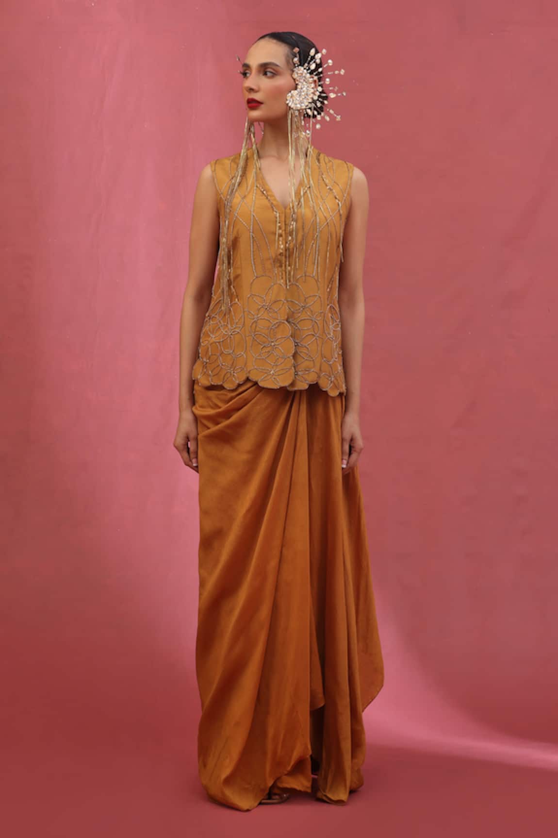 URMIL Gold Silk Jacket & Pickup Skirt Set 