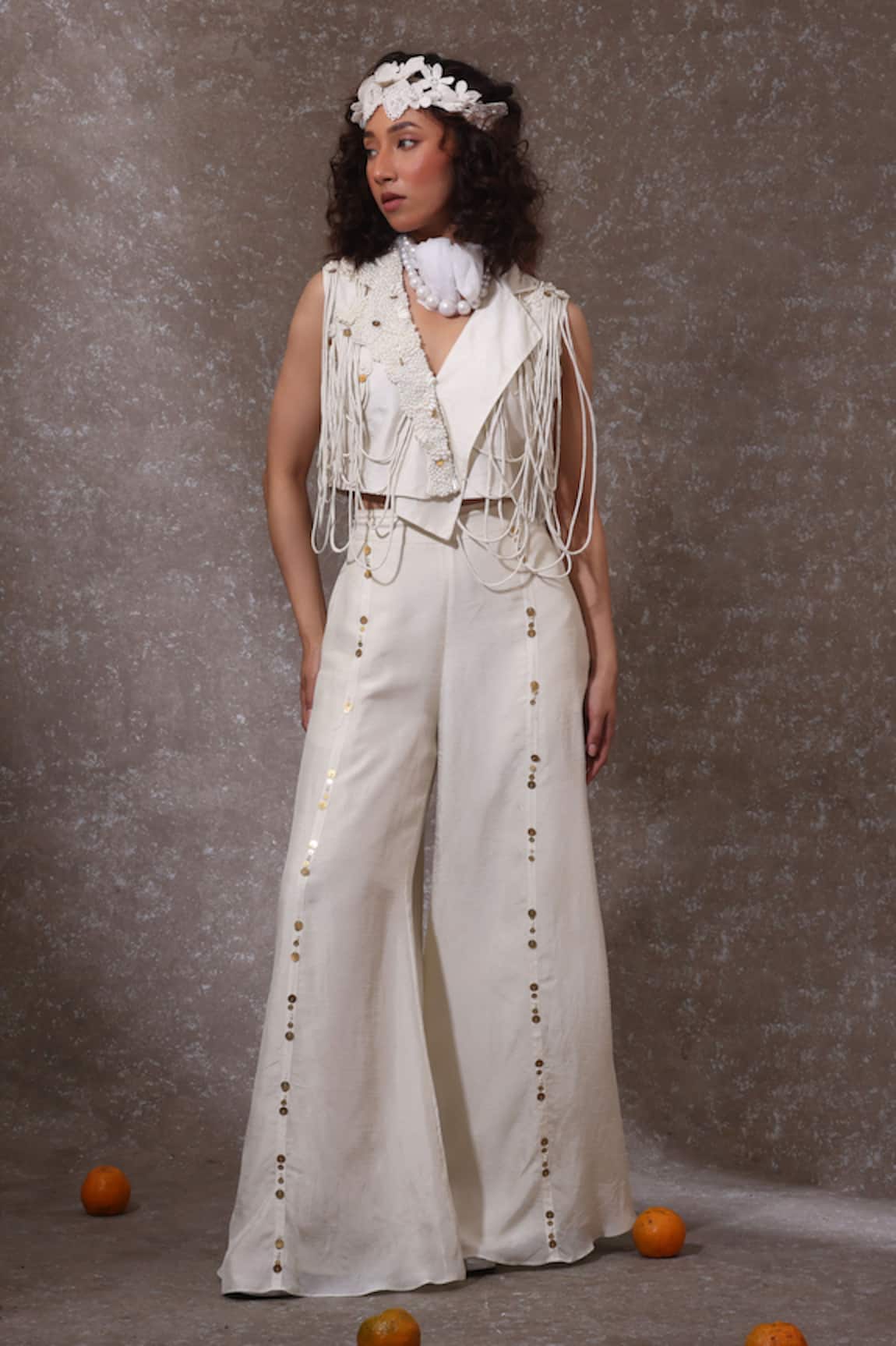 URMIL Off White Silk Jacket & Pant Set 