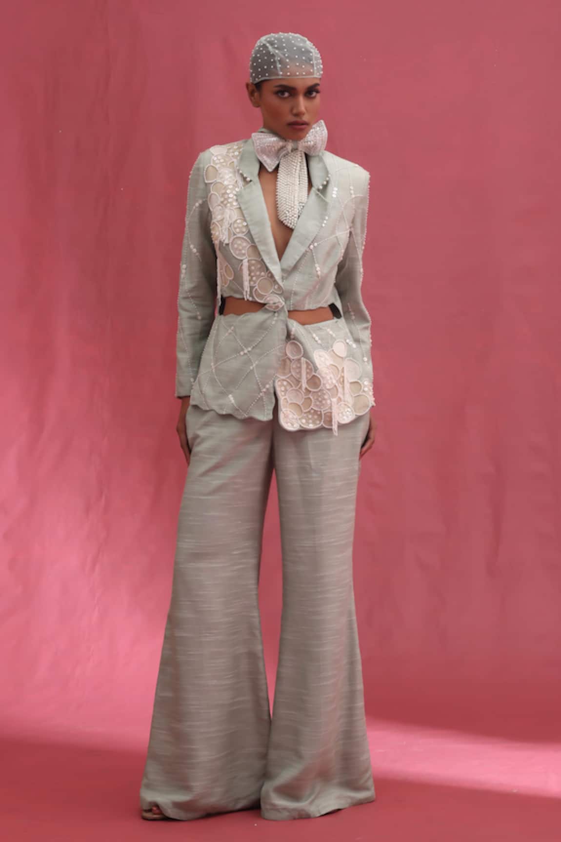 URMIL Mint Muslin Slub Jacket & Pant Set 