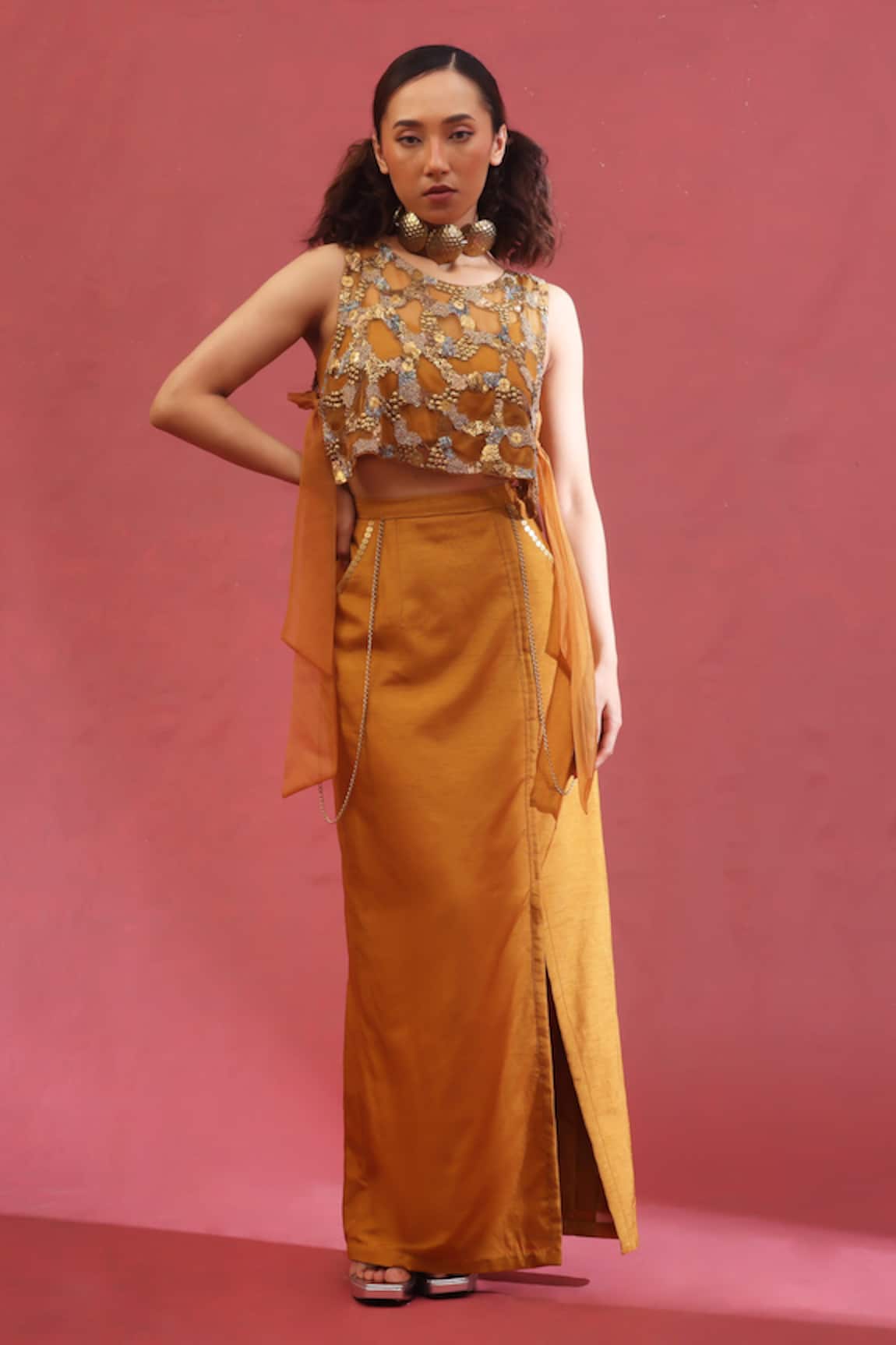URMIL Gold Organza Silk Jacket Bustier Skirt Set 