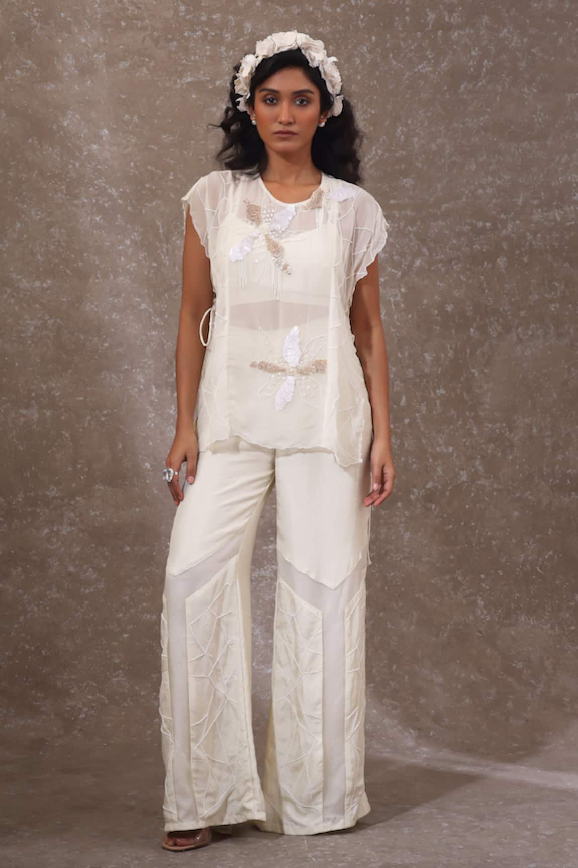 URMIL Off White Organza Top & Pant Set 